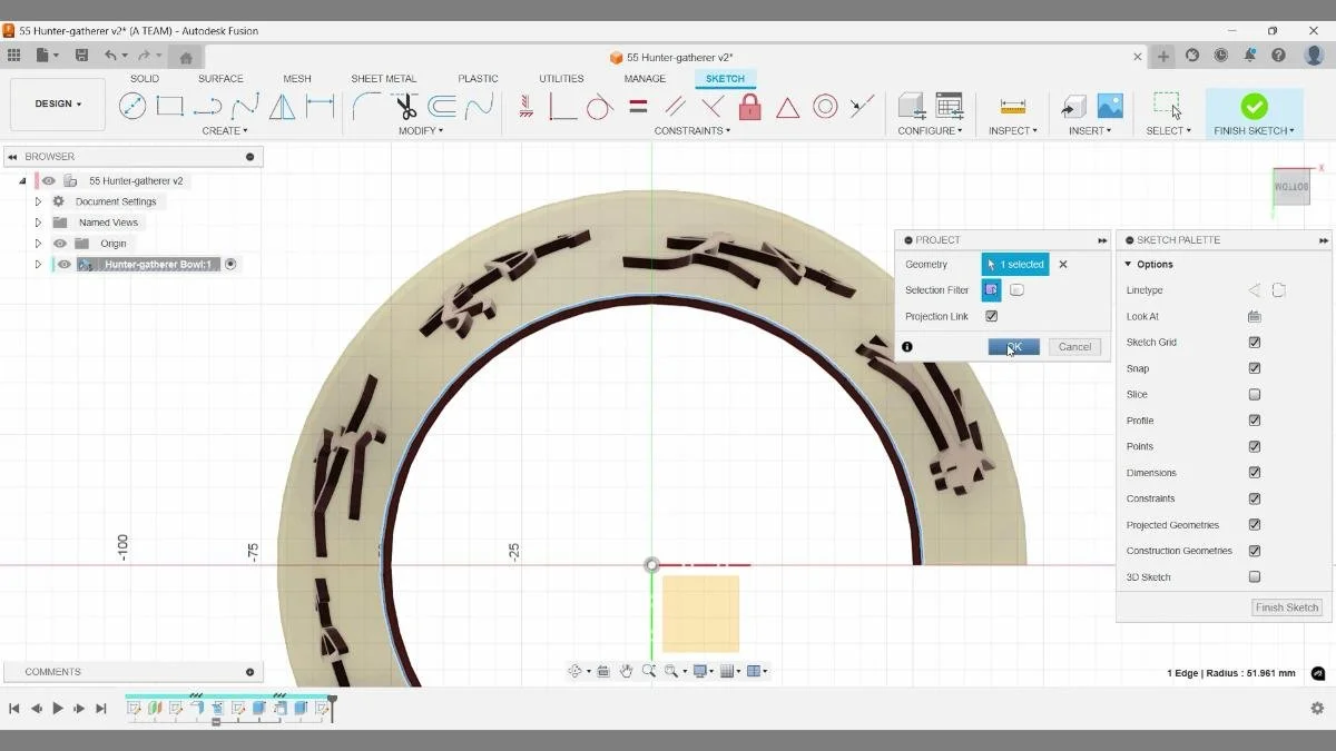 Projecting the inner edge of the bowl into a sketch in Autodesk Fusion