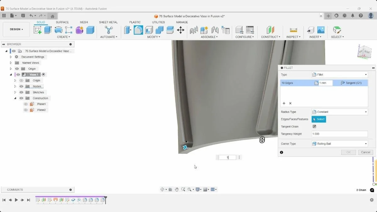 Applying a 1 mm fillet to the bottom edges of the vase segment.