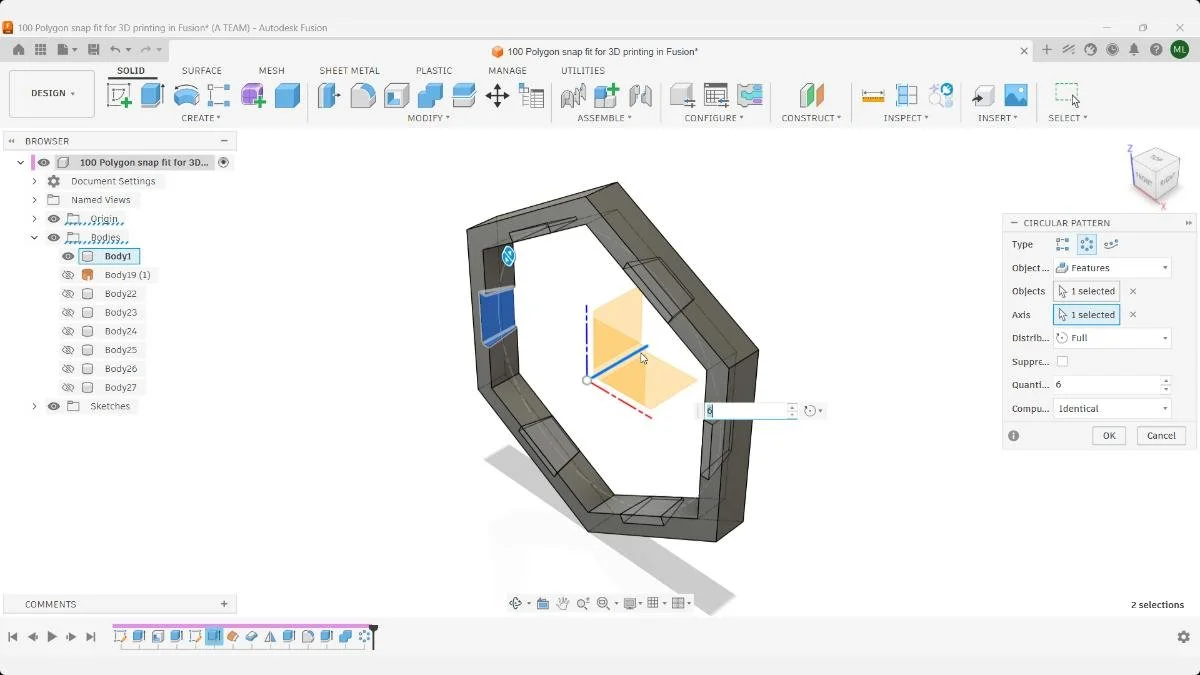 Fusion Circular Pattern preview repeating snap fit cut features around the polygon.
