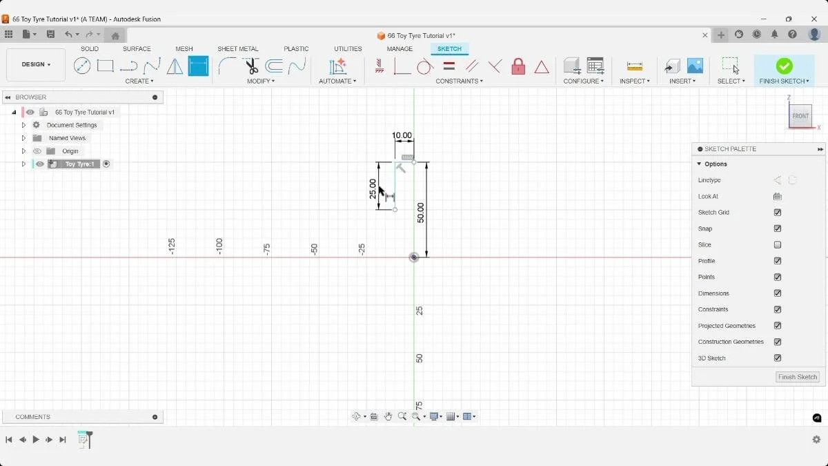 Fusion sketch rectangle with dimensions for tire profile