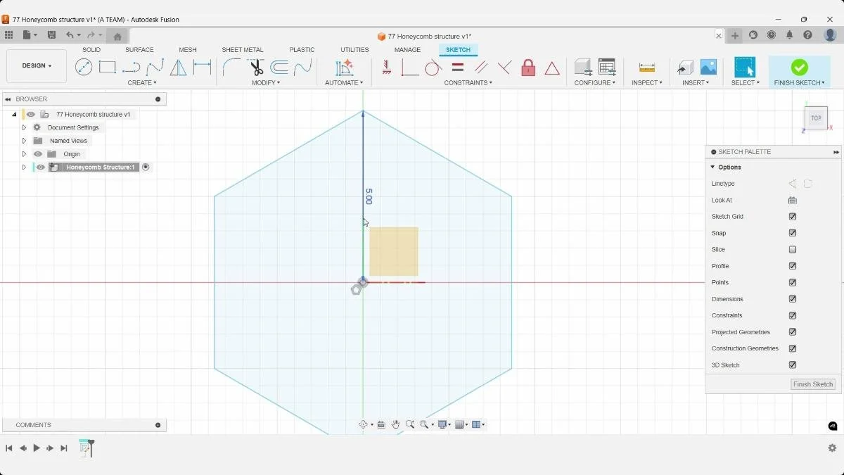 Applying a radius dimension to the hexagon sketch in Autodesk Fusion.