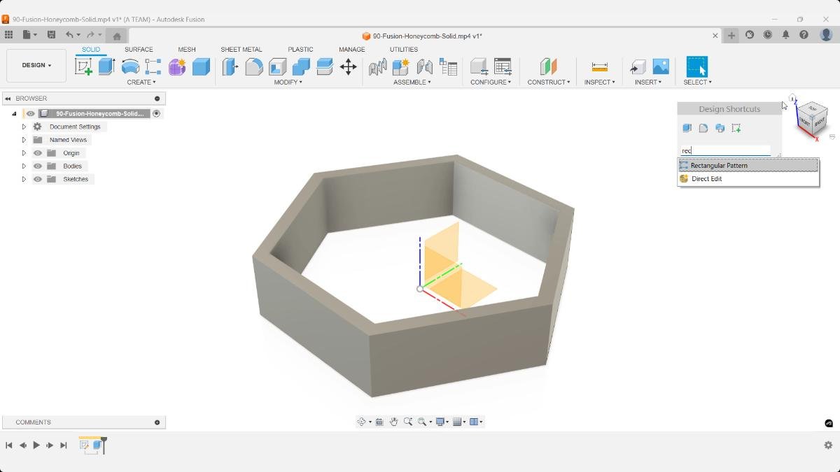 Use the solid hexagon body as the base before applying the rectangular pattern to form the honeycomb structure in Fusion