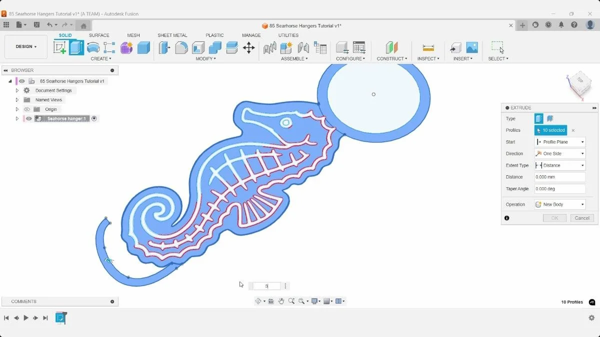 Fusion Extrude dialog with multiple seahorse and ring sketch profiles selected.