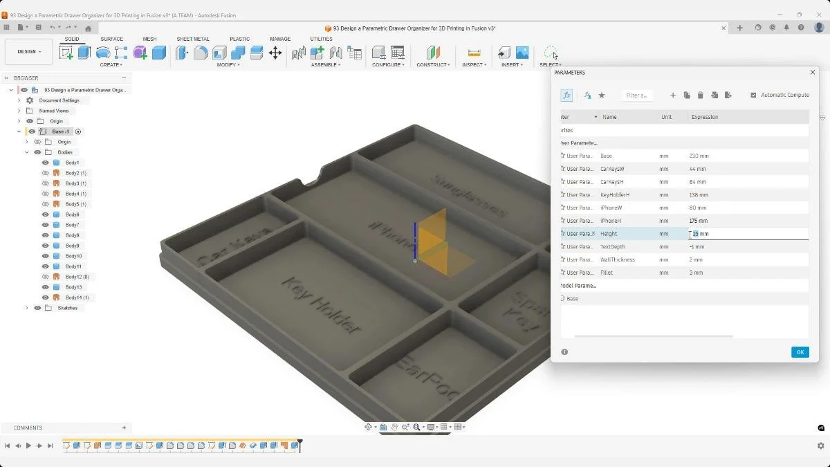 User parameters adjusted to update final organizer dimensions.