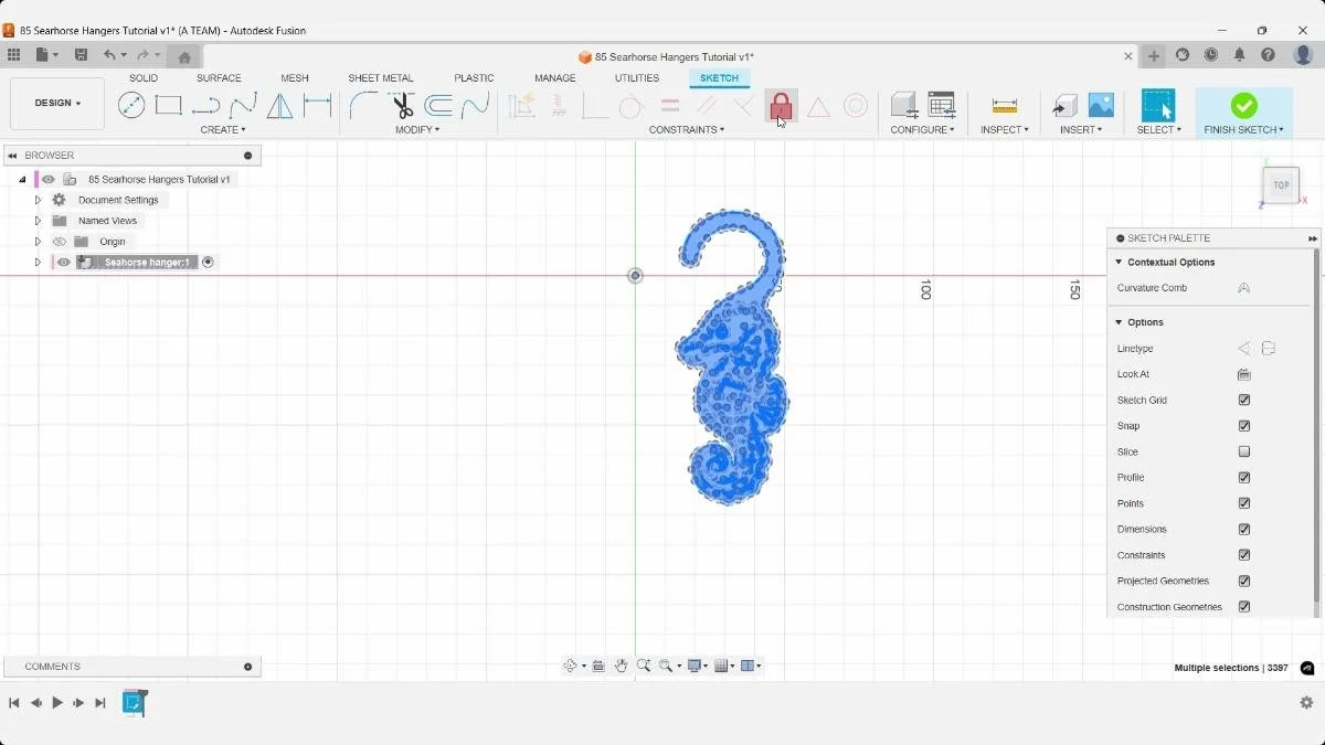 Fusion sketch with the imported seahorse geometry selected and the Fix constraint highlighted.