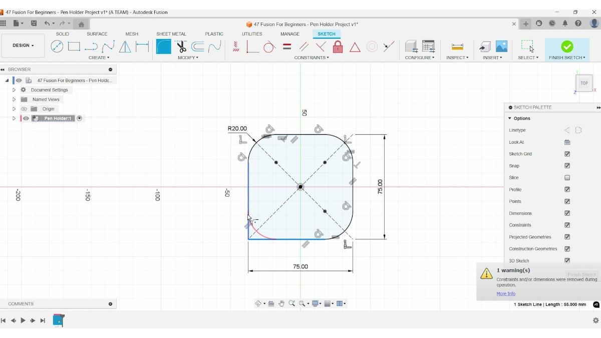 Adding fillet radius to rounded rectangle sketch in Fusion.
