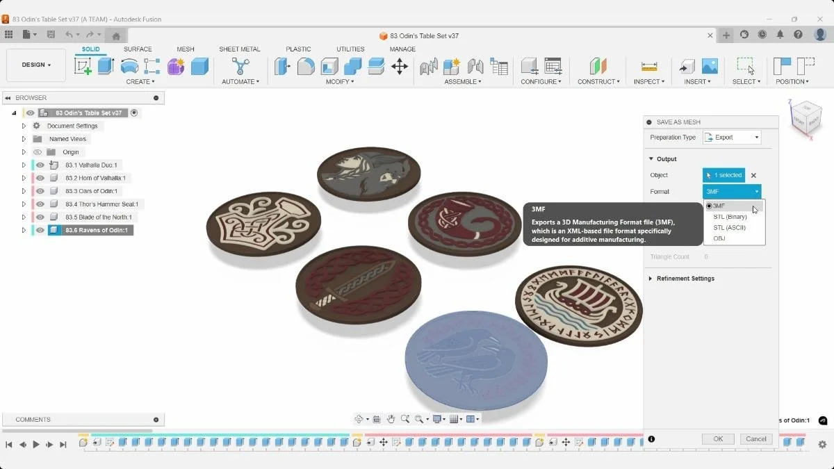 Fusion Save as Mesh dialog exporting a Viking coaster in 3MF format.