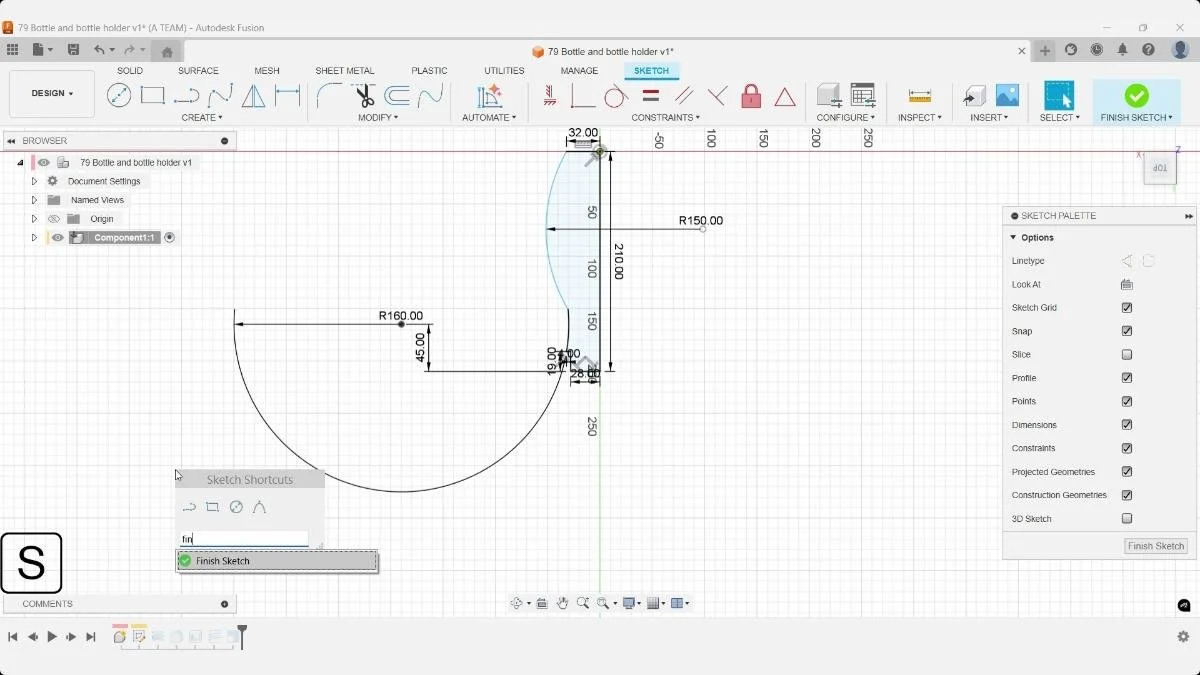 Fusion bottle profile sketch with constrained arcs and dimensions including 210 mm height.