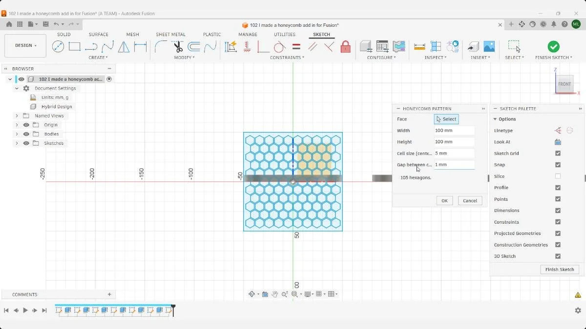 Fusion Honeycomb Pattern add-in sketch preview with a 100 by 100 mm grid and 105 hexagons.
