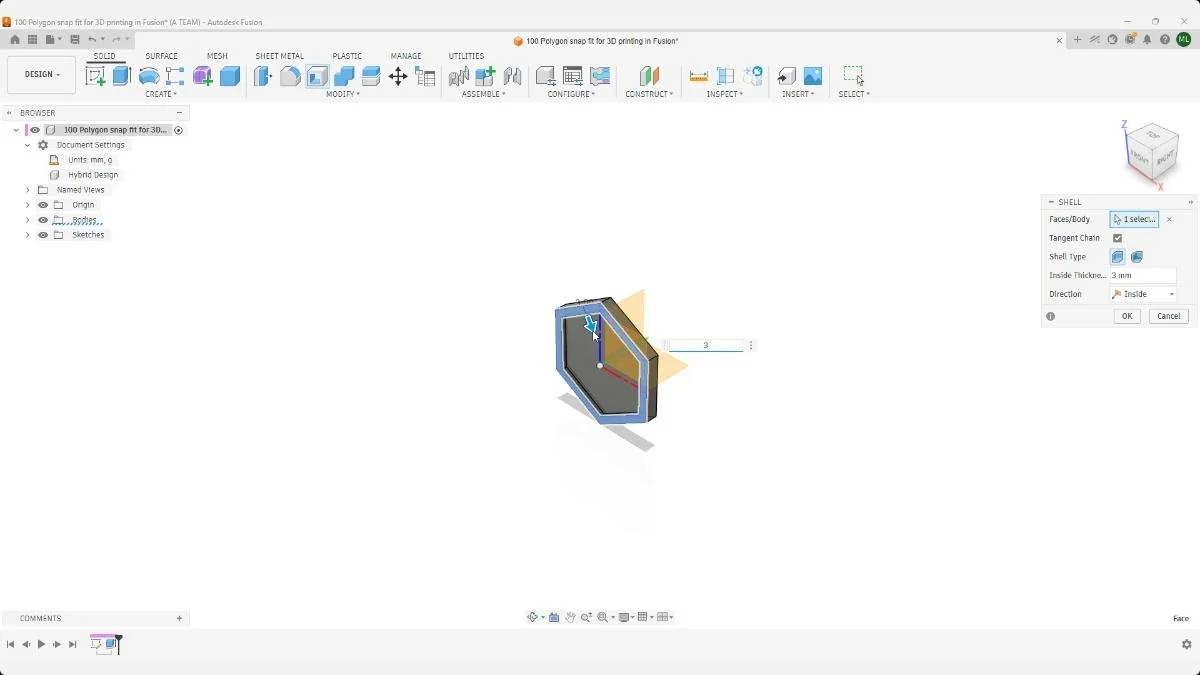 Fusion Shell command applied to the snap fit polygon body with a 3 mm wall thickness.
