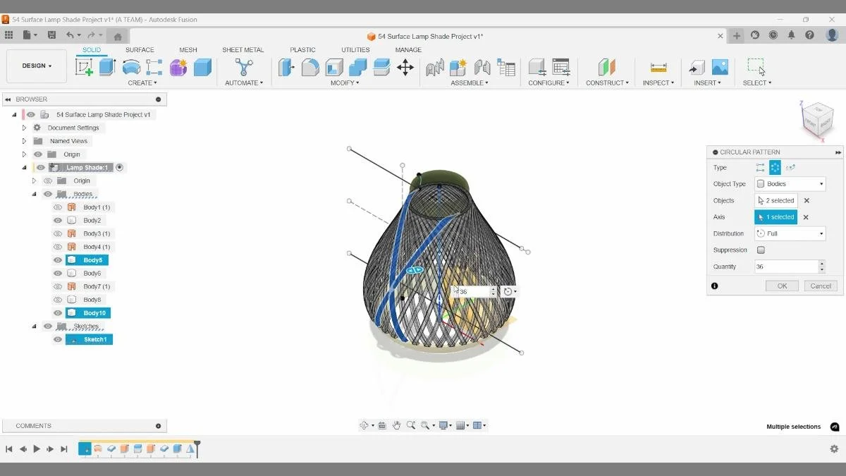 Circular pattern of the intersected pattern bodies around the vertical axis in Fusion.