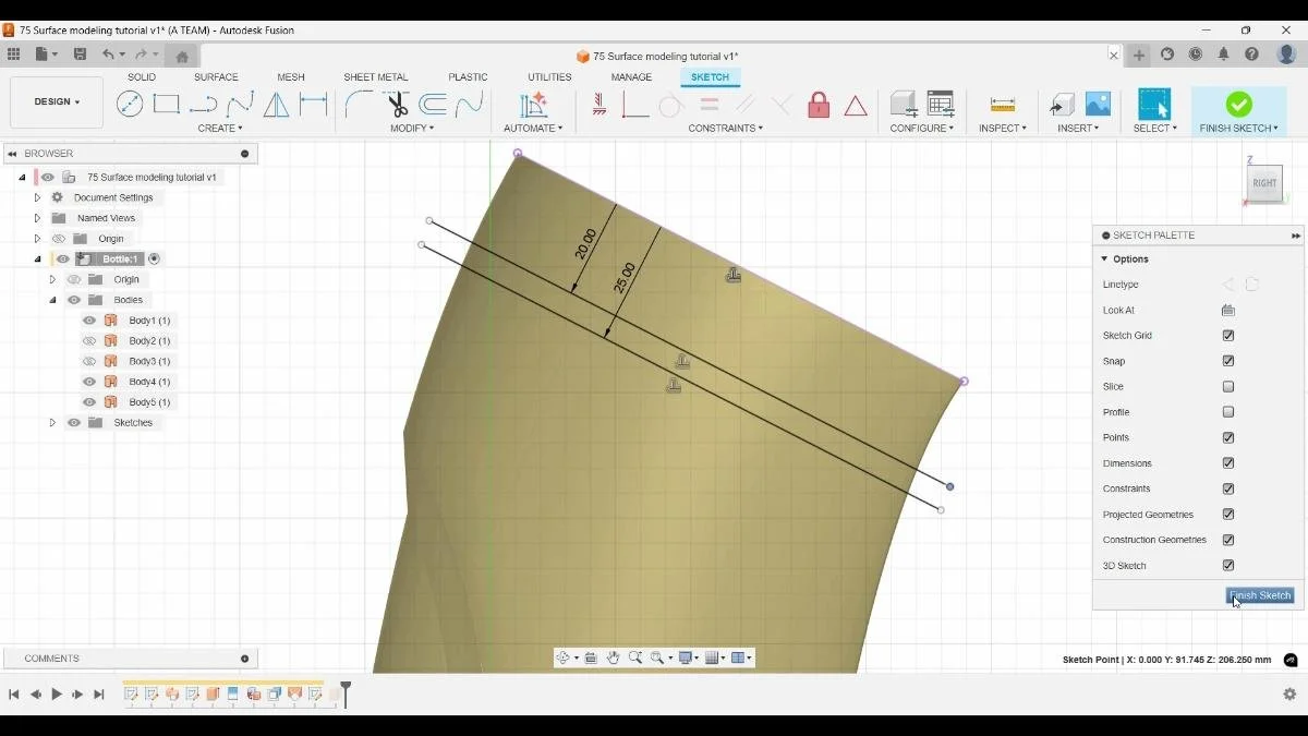 Extending sketch lines beyond the model before splitting a surface in Fusion.
