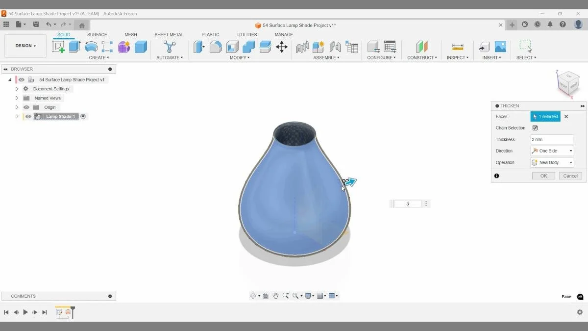 Fusion thicken command applying 3 mm wall thickness to lamp shade surface