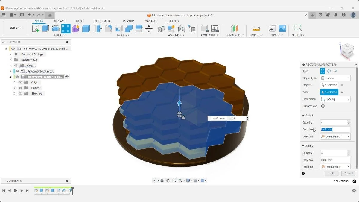 Stacking four coasters with 4 mm spacing in Fusion to confirm they fit perfectly inside the holder.