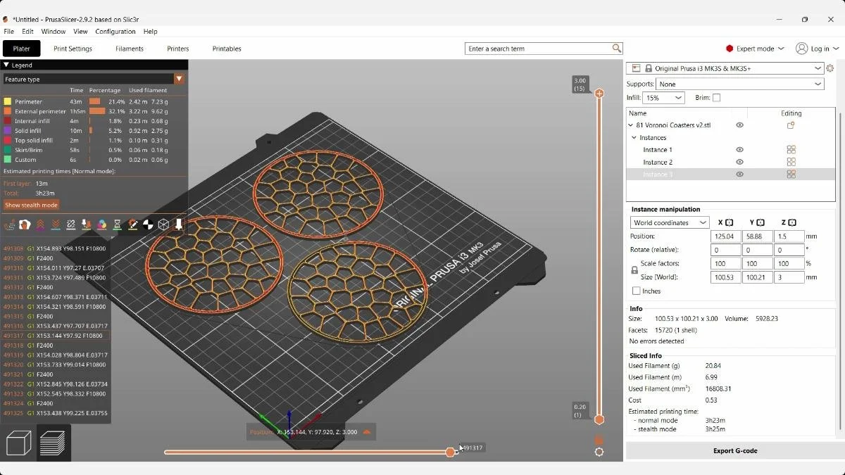 PrusaSlicer G-code preview displaying the final-layer toolpaths for three Voronoi coasters.