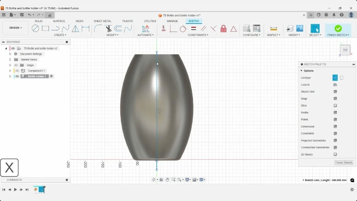 Fusion bottle holder sketch with a vertical center construction line through the bottle.