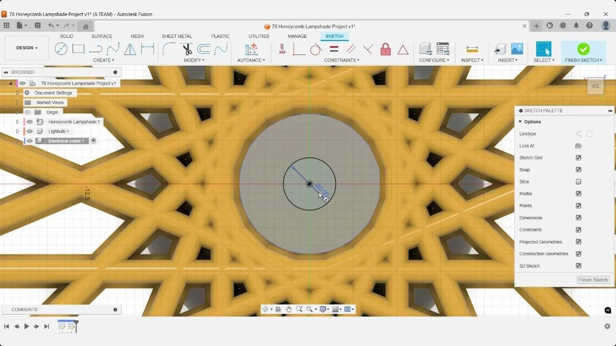 Fusion sketch with a 3 mm circle defining the electrical cable profile for the honeycomb lampshade.