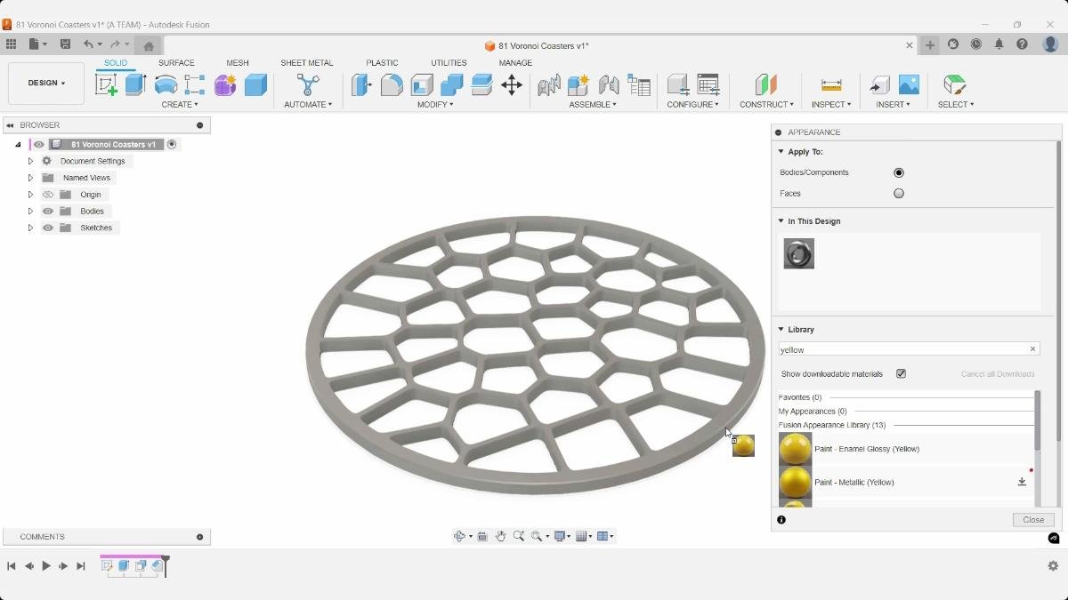 Fusion Appearance panel searching yellow materials for the Voronoi coaster model.