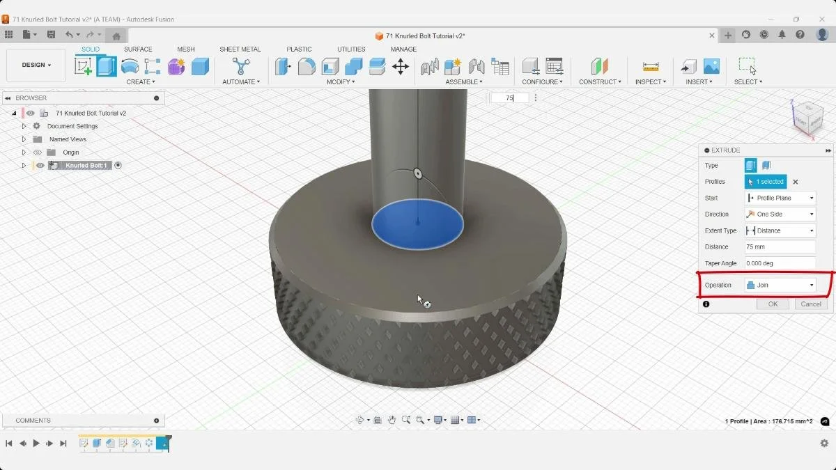 Fusion extrude join operation for threaded shaft