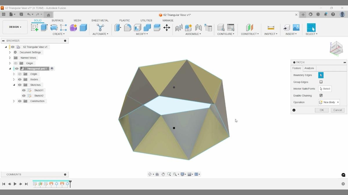 Fusion Patch tool closing bottom surface of triangular vase model