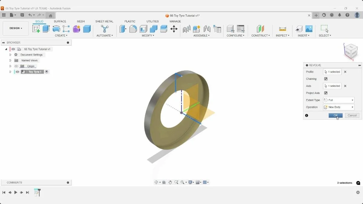 Fusion revolve operation creating tire body from sketch