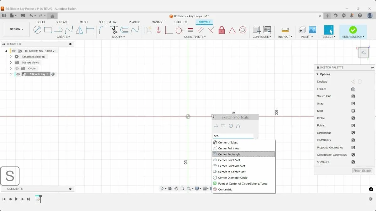 Fusion sketch shortcuts with Center Rectangle selected for the sillcock key.