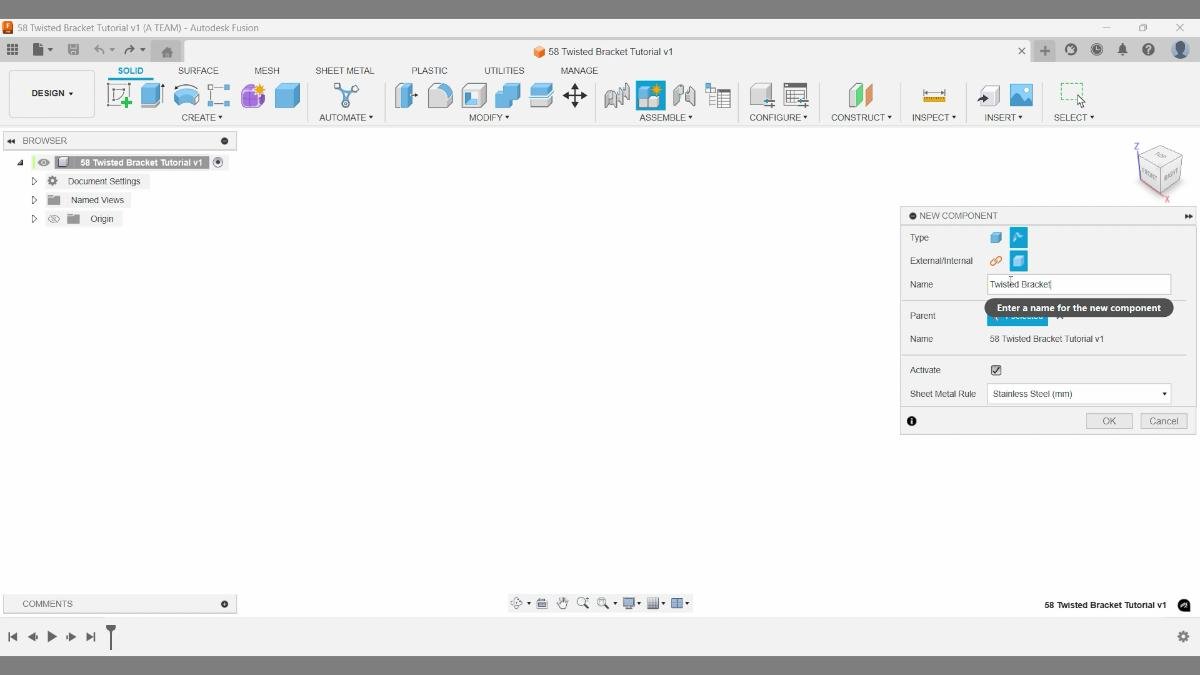 fusion new component dialog twisted bracket setup tutorial
