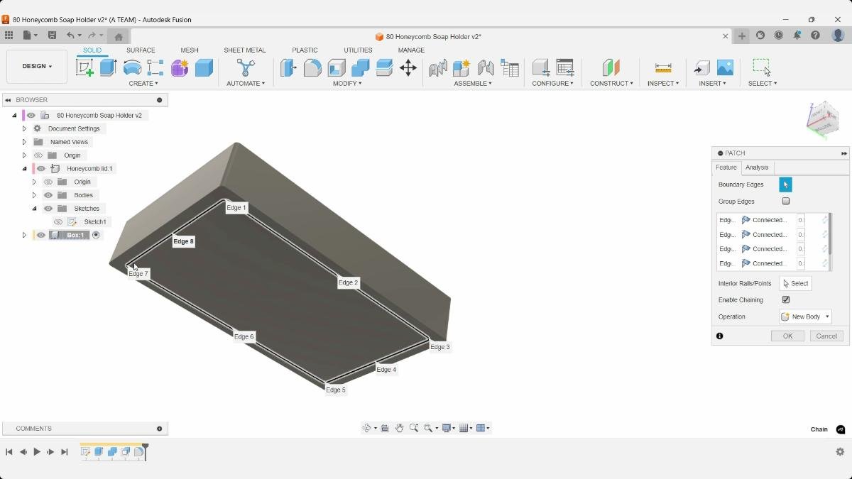 Fusion Patch command selecting the bottom boundary of the honeycomb soap holder box.