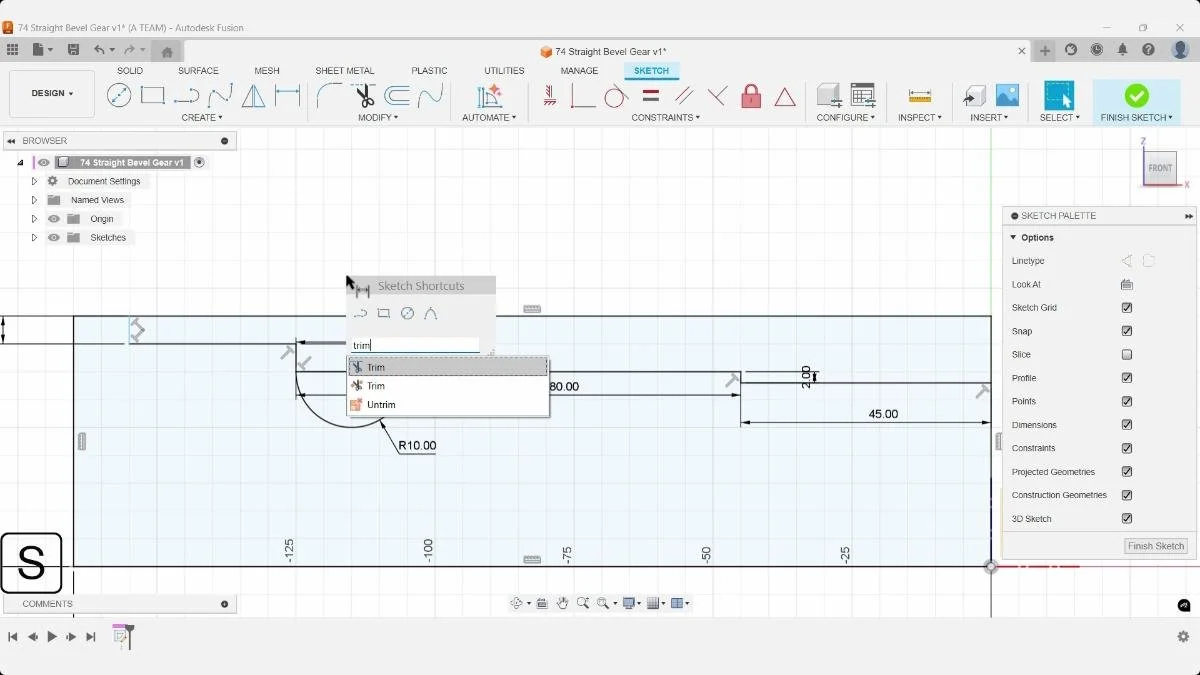 Trim tool editing bevel gear shaft sketch in Fusion
