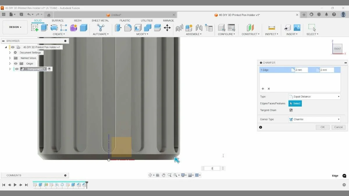 Applying a 2 mm bottom chamfer in Fusion to improve print durability.
