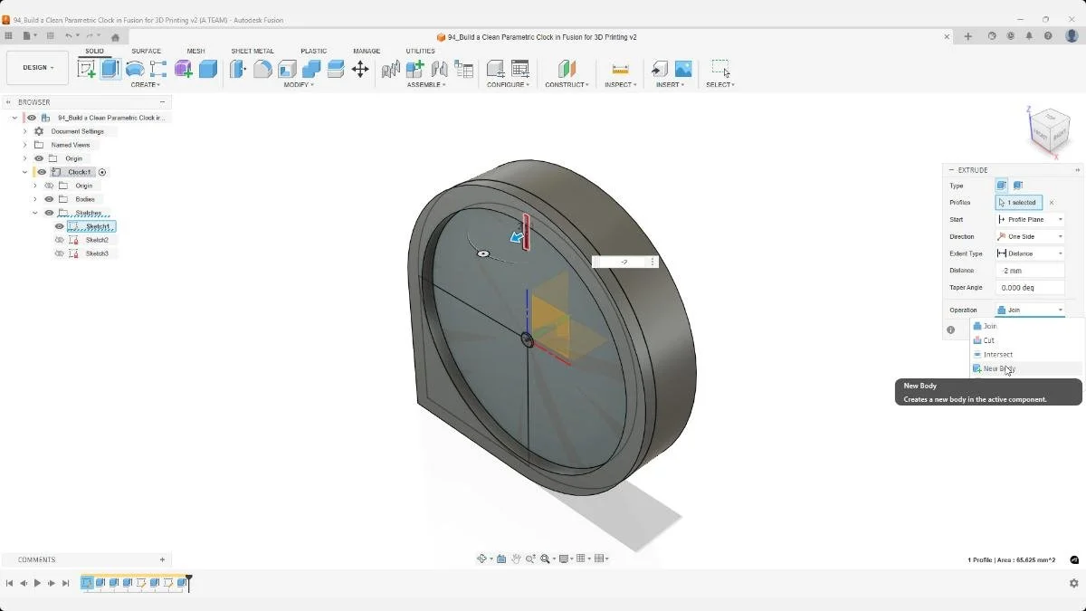 Adding front face details to a parametric clock model in Fusion using extrude features.
