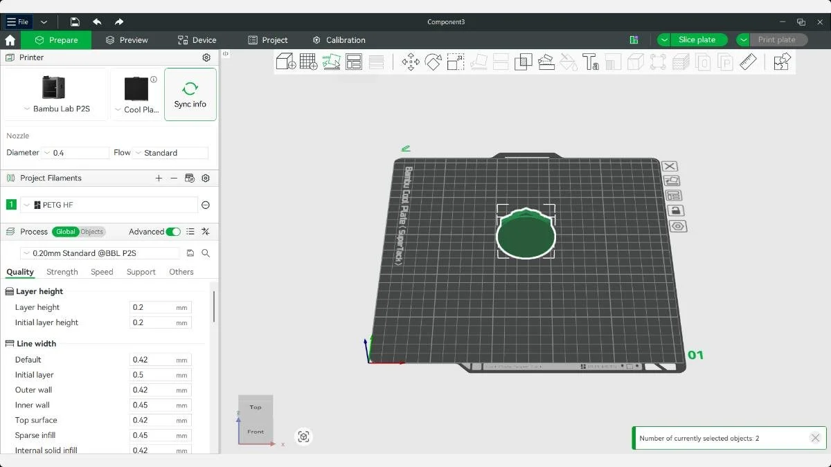 Bambu Studio build plate with separate snap fit parts positioned for 3D printing.