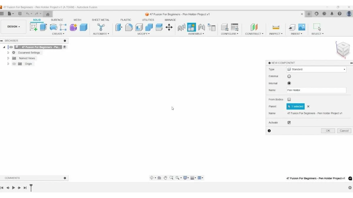 Creating a new component in Fusion for a pen holder project.