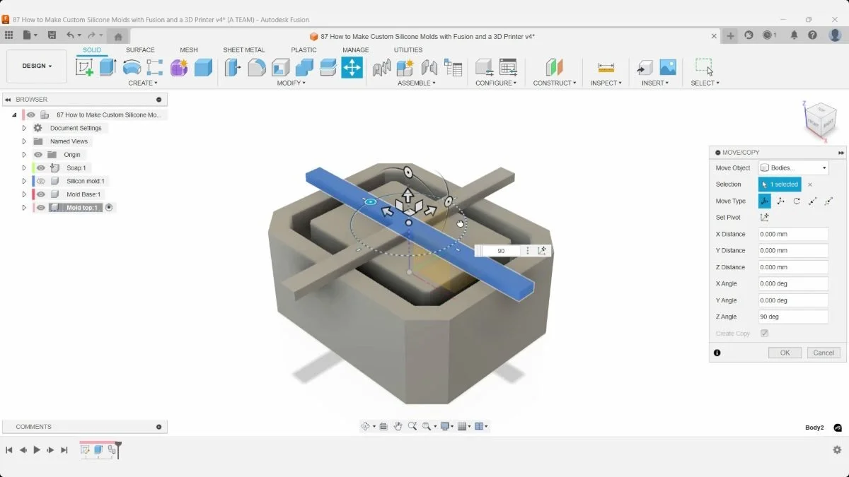 Fusion Move/Copy preview with two perpendicular mold-top support bars and a 90° rotation value.