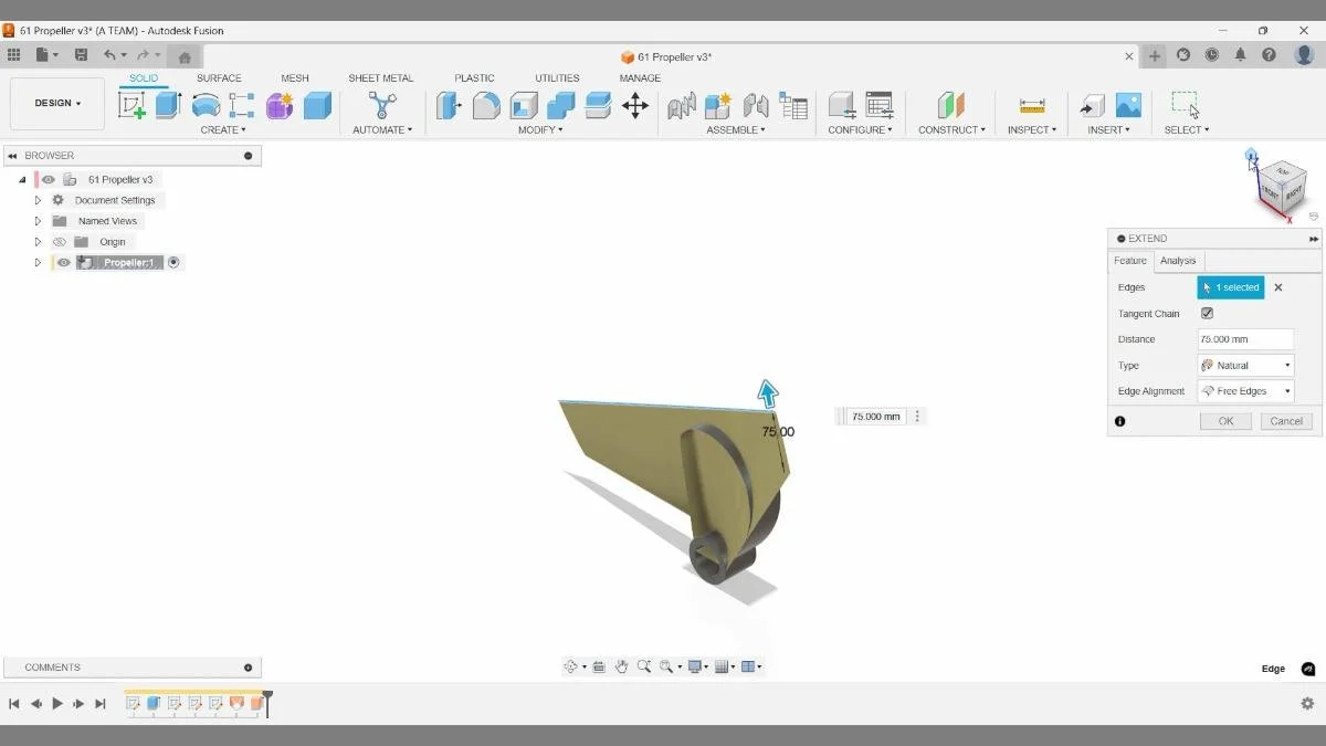 Fusion extend command enlarging the propeller blade surface.