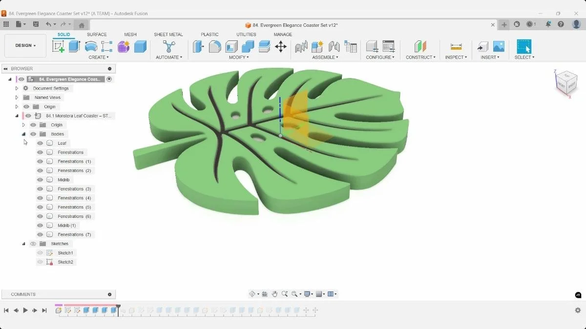 Finished Monstera leaf coaster in Fusion with its bodies listed in the Browser.