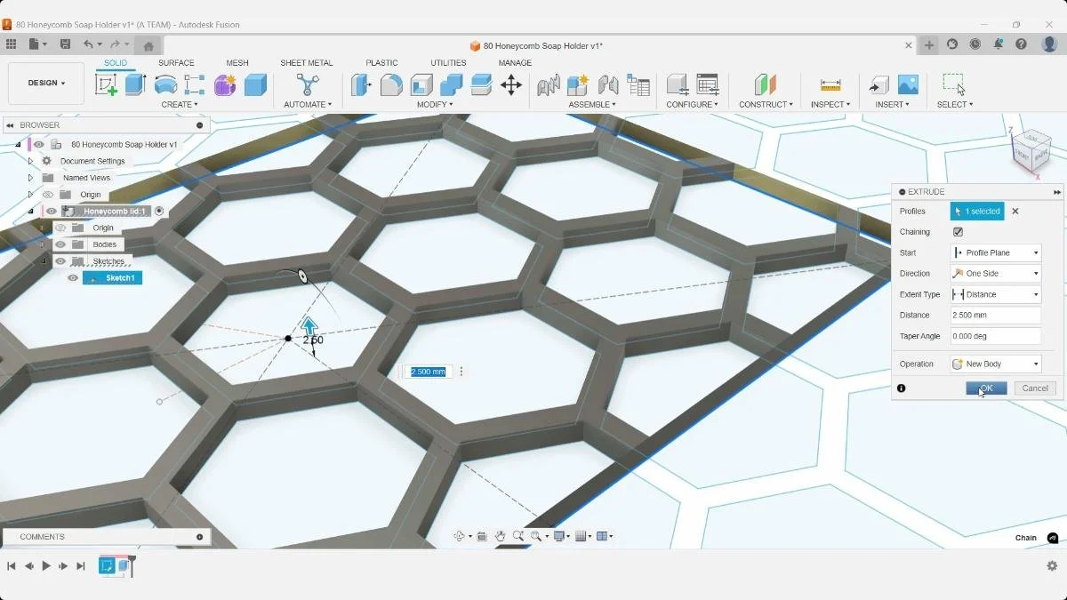Fusion Extrude preview adding a 2.5 mm raised section to the honeycomb soap holder.