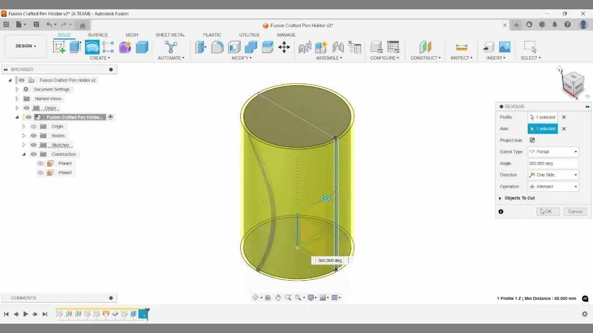 fusion revolve intersect trim patterned surface cylinder