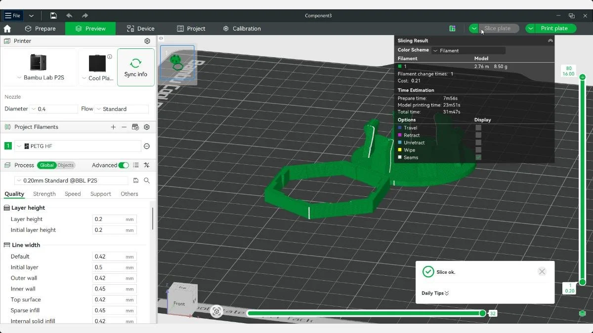 Bambu Studio sliced preview of the support-free snap fit parts ready for 3D printing.