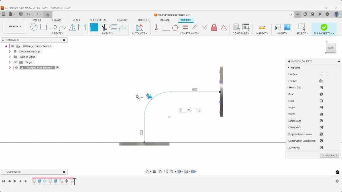 fusion pipe elbow path sketch arc fillet dimension