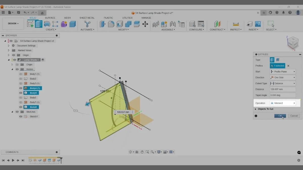 Extrude operation set to Intersect to keep only the overlapping volume between the pattern and the lampshade body.