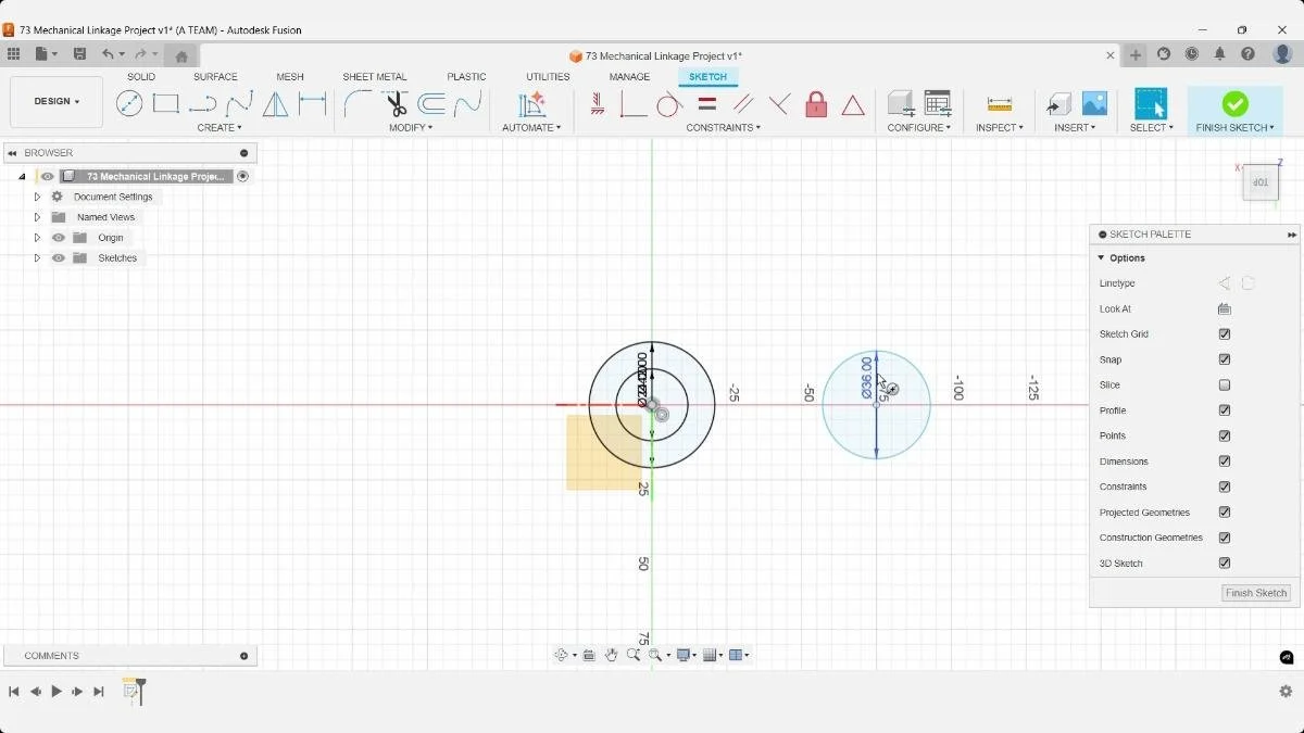 Concentric circles and linkage sketch layout in Fusion