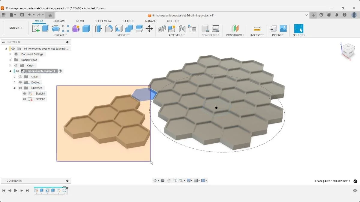 Hiding outer hexagon bodies to keep only the honeycomb pattern inside the coaster’s 100 mm boundary.