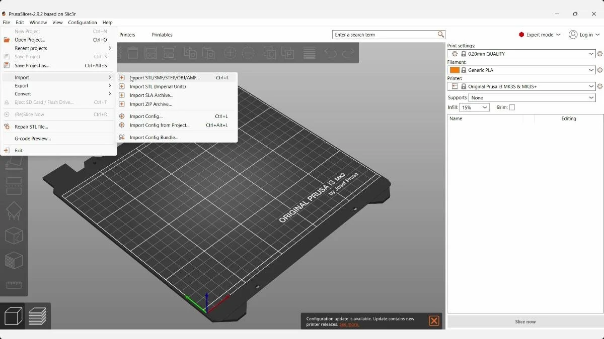 PrusaSlicer File menu showing the option to import the Voronoi coaster STL file.