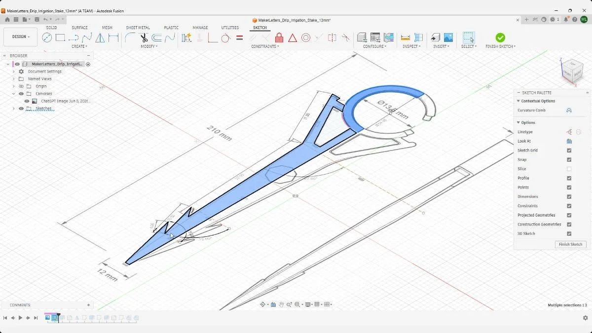 Simple profile sketch for drip irrigation stake in Fusion.