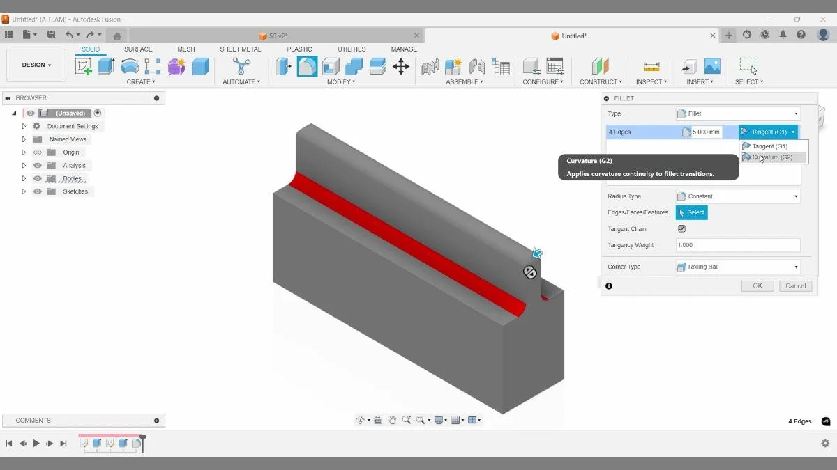 Curvature G2 fillet applied to slot edges with smooth surface continuity in Fusion.