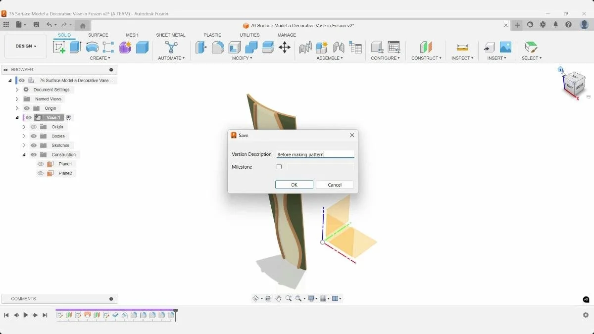 Saving a new Fusion version before creating the circular pattern.