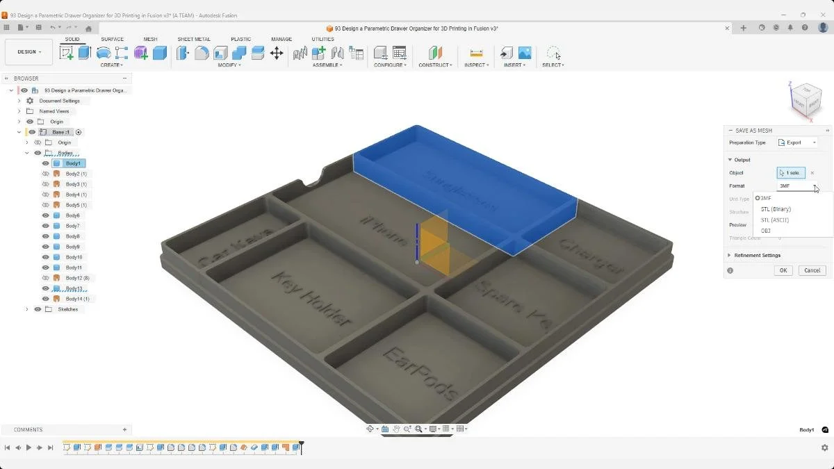 Save as Mesh dialog configured for STL or 3MF export.