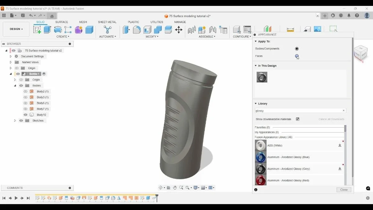 Applying material appearance to selected bottle faces in Autodesk Fusion.