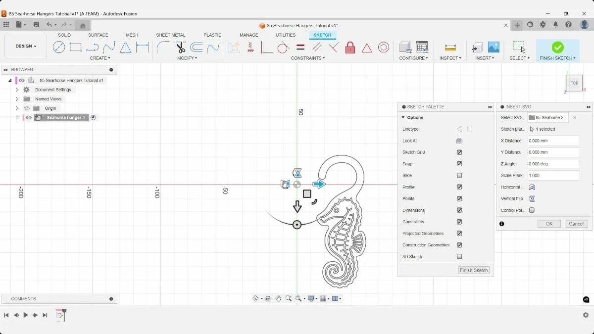 Fusion sketch showing the seahorse SVG and Insert SVG positioning controls.